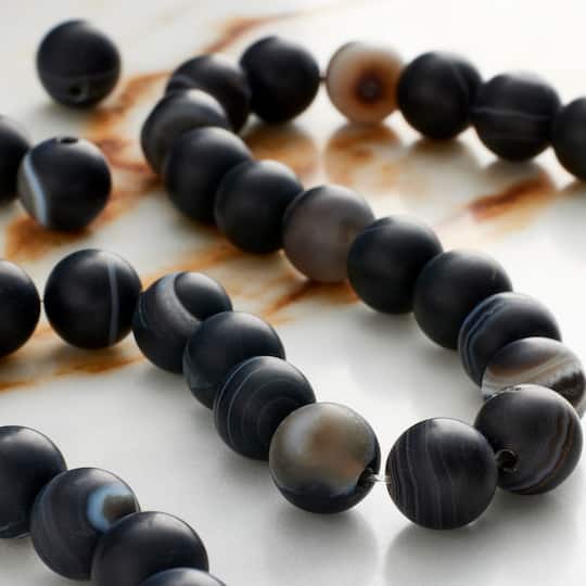 12 Pack: Matte Black & Brown Striped Agate Round Beads, 8mm by Bead Landing™